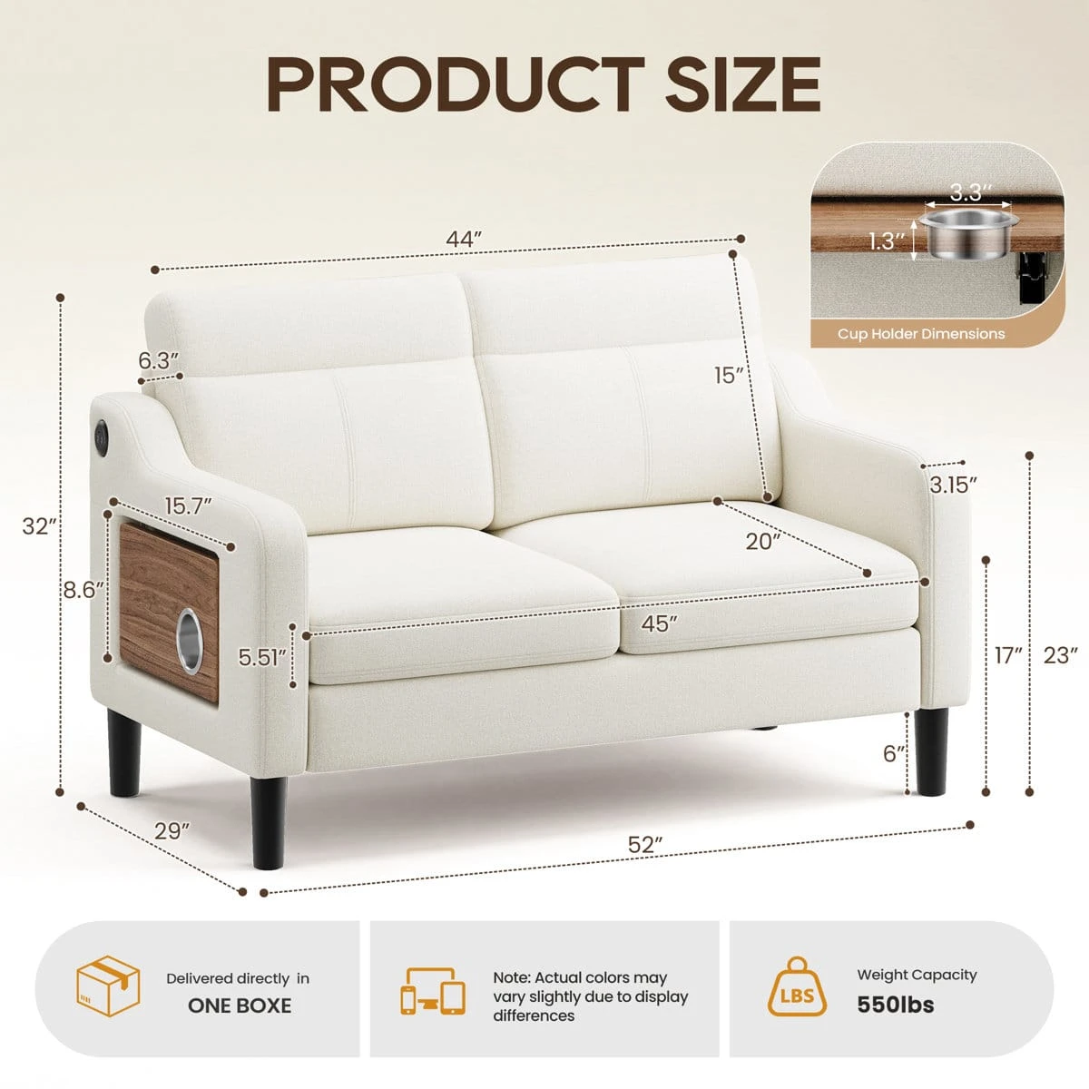 Size chart for the cream loveseat with 52-inch width, 29-inch depth, 32-inch height, and cup holder inset