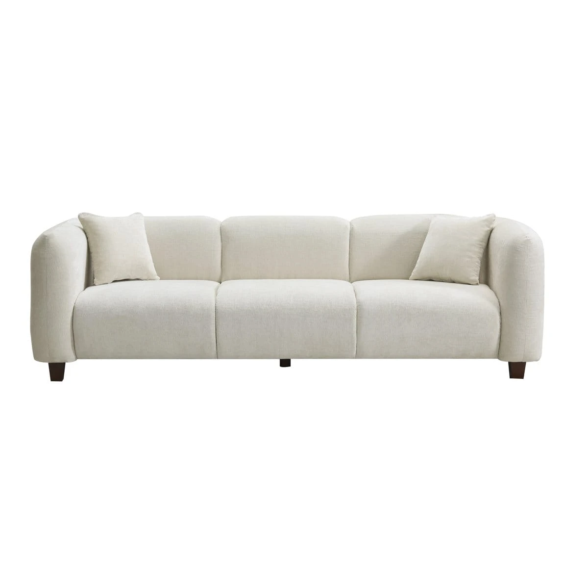 Straight-on product view highlighting the three seat cushions and curved armrests