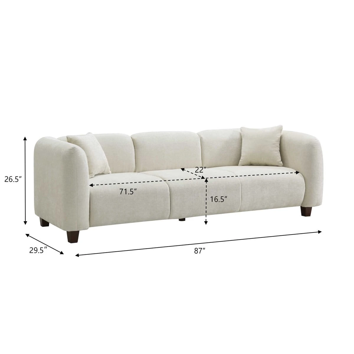 Dimension graphic showing sofa measurements with width, depth, height and seat dimensions