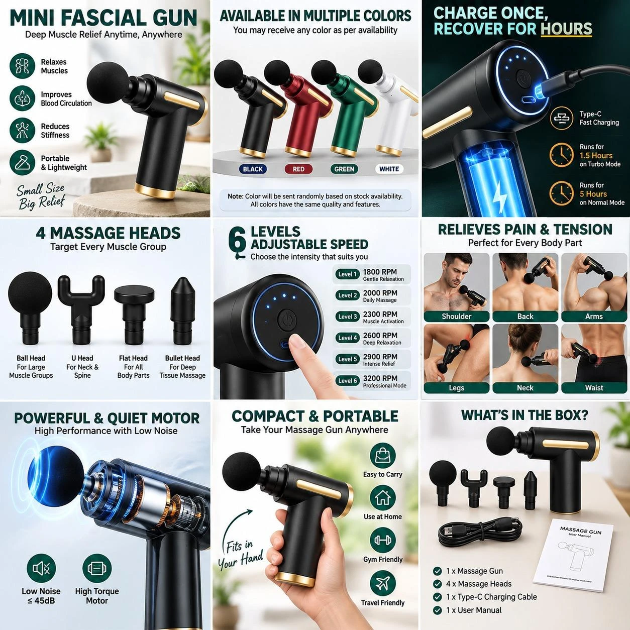 Collage of the compact black massage gun highlighting charging, low-noise motor, hand-held size and accessories
