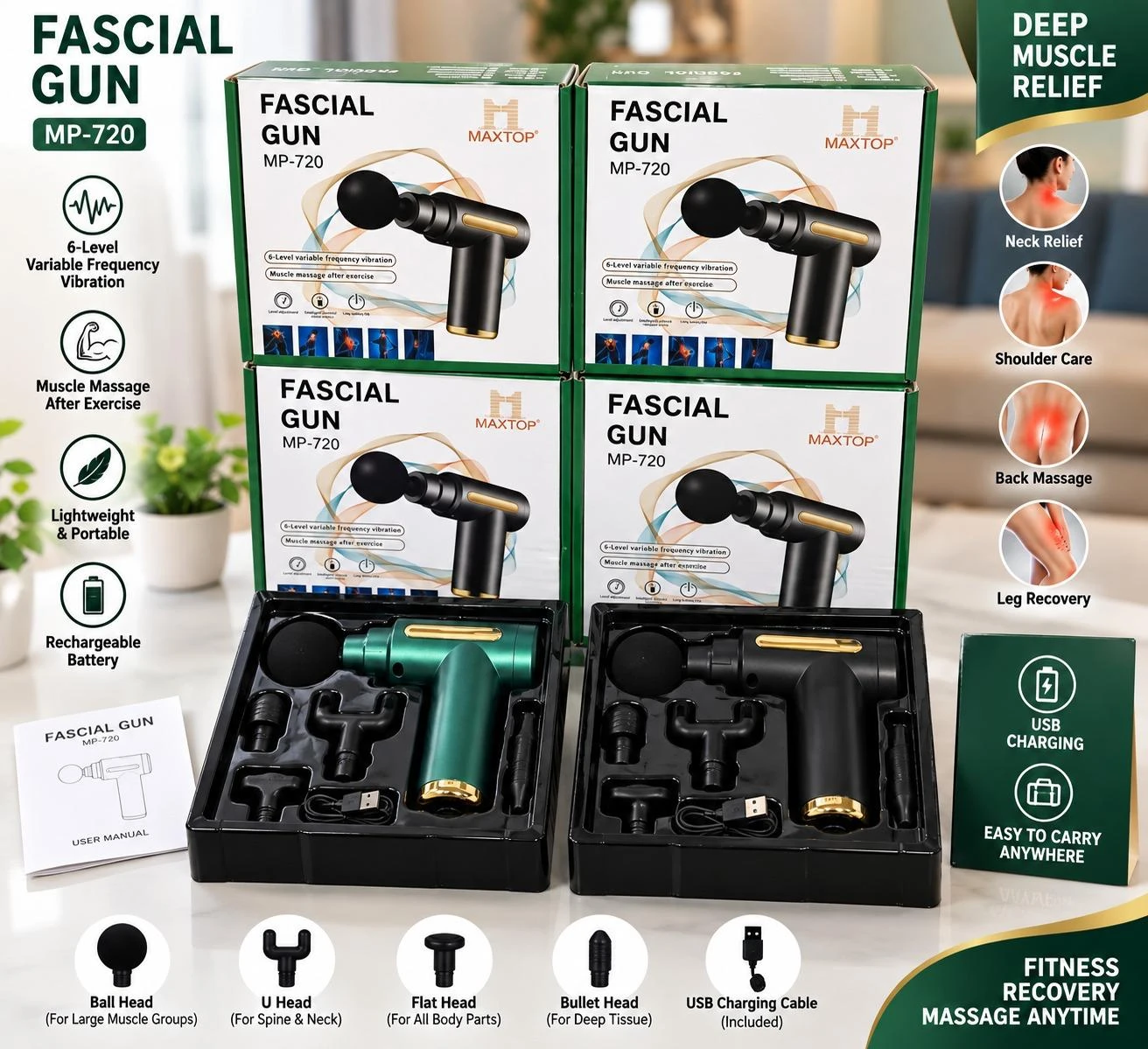 Maxtop MP-720 fascial gun boxed set displayed open with massage heads, USB cable and user manual