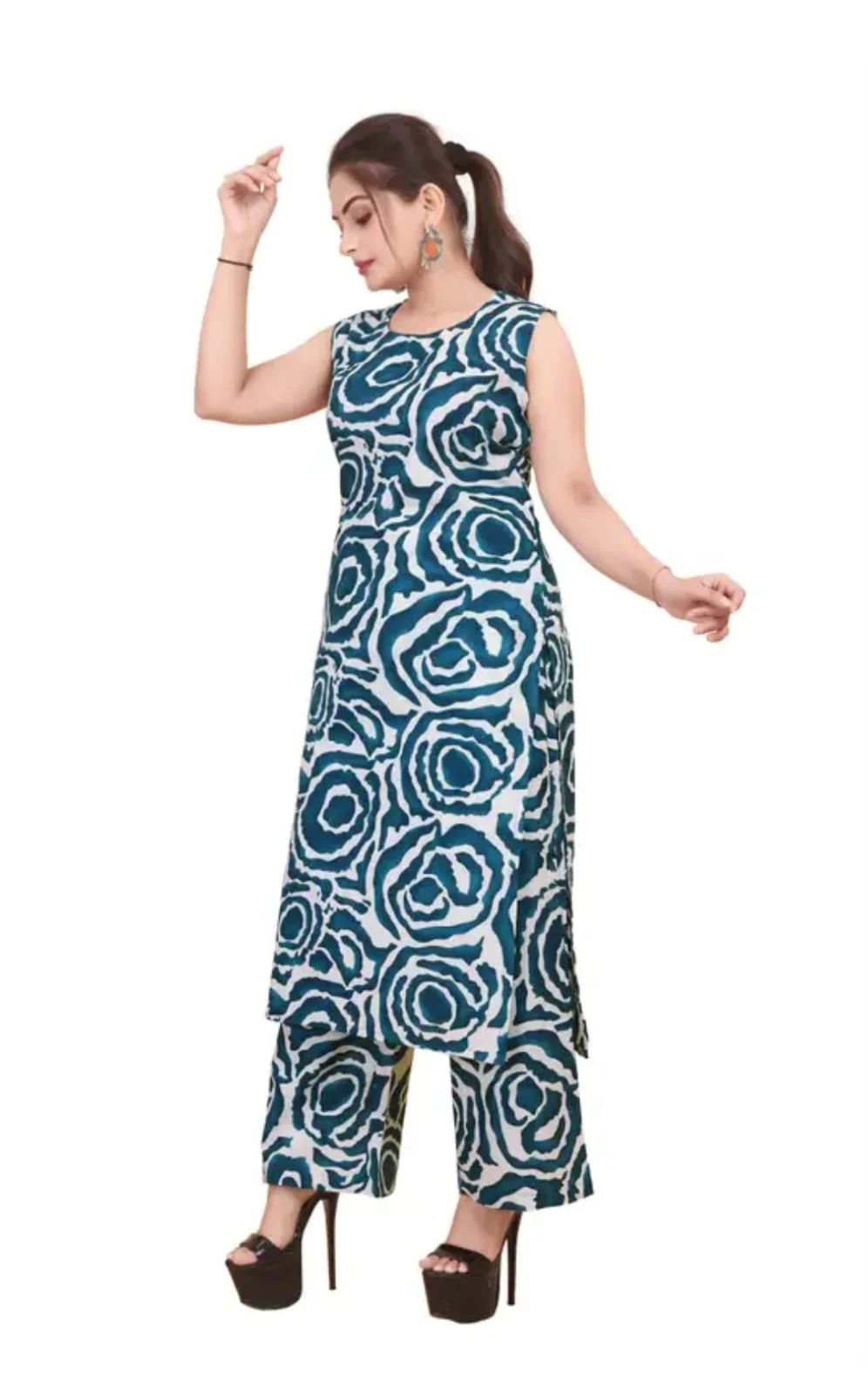 Front angled view of blue and white abstract print sleeveless kurta with matching palazzo pants