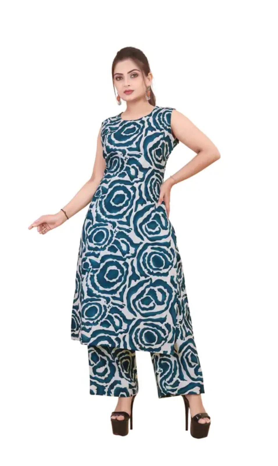 Full front view showing round-neck sleeveless kurta and wide-leg matching printed palazzo set
