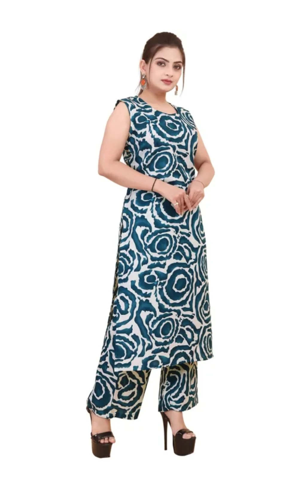 Three-quarter view highlighting side slit kurta hem and coordinated blue-white palazzo trousers