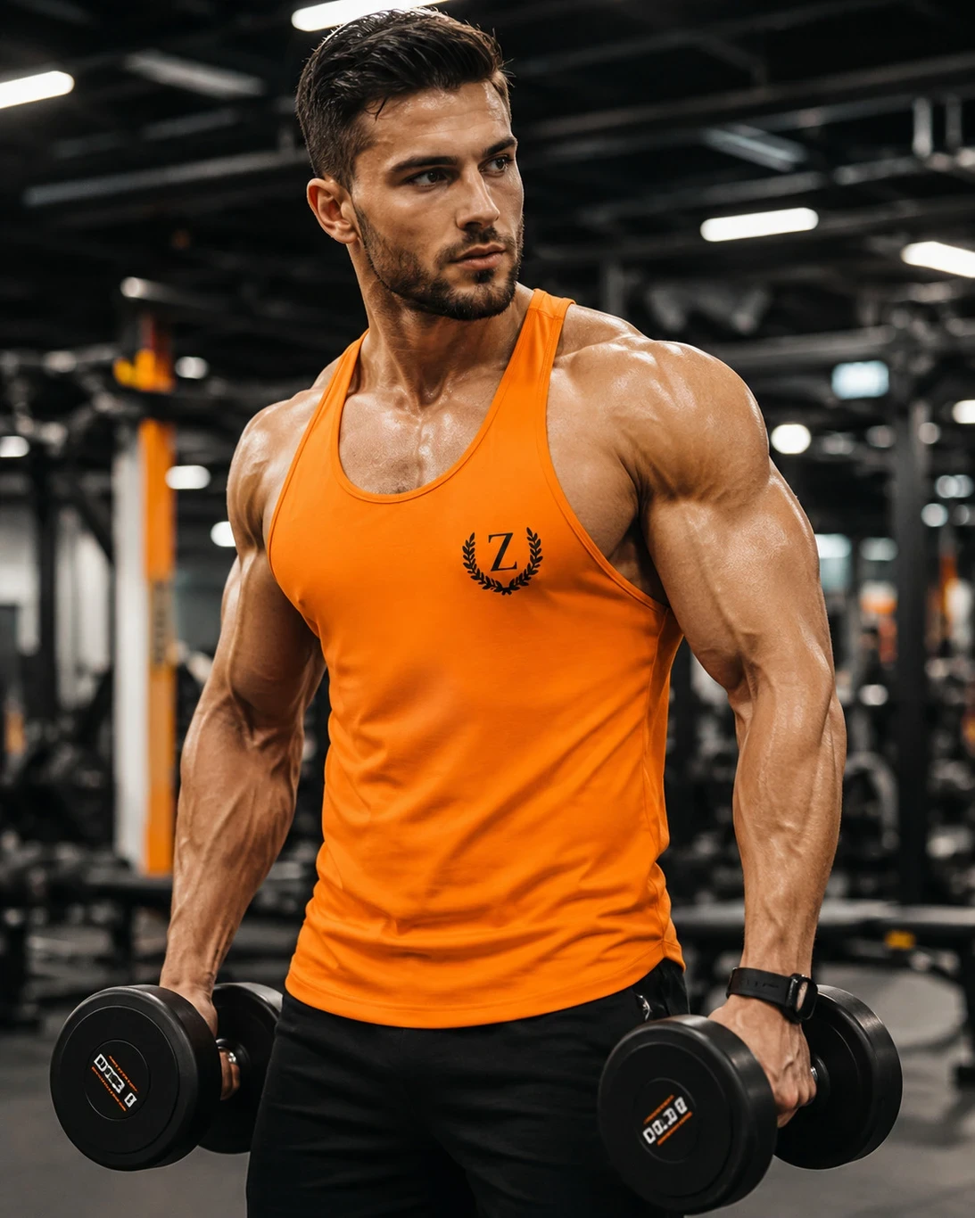 Bright orange racerback tank top worn in a gym, showing low-cut armholes and fitted athletic silhouette
