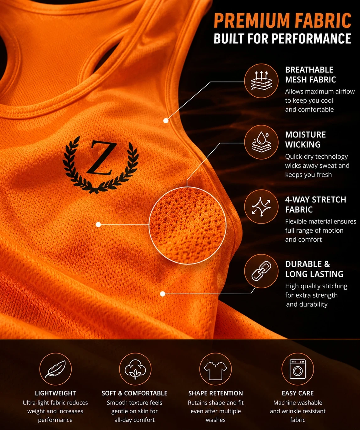 Close-up infographic of orange mesh racerback tank top highlighting breathable, moisture-wicking stretch fabric