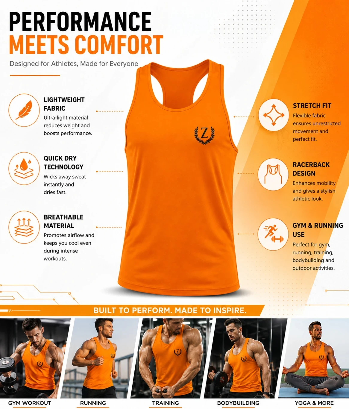 Front view of bright orange racerback tank top with small black Z crest print on chest