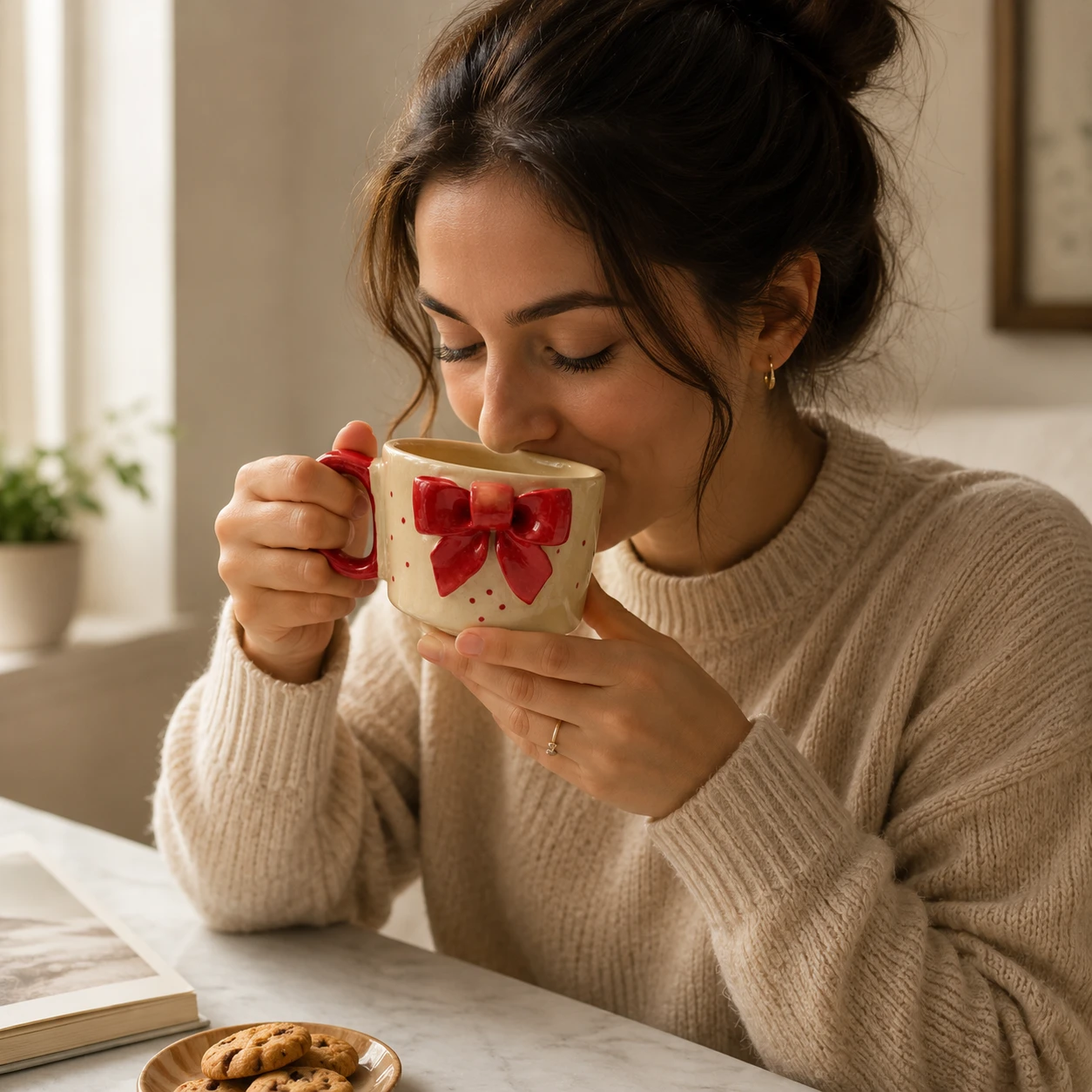Woman sipping from the cream mug, showing the red handle and raised bow in a lifestyle setting