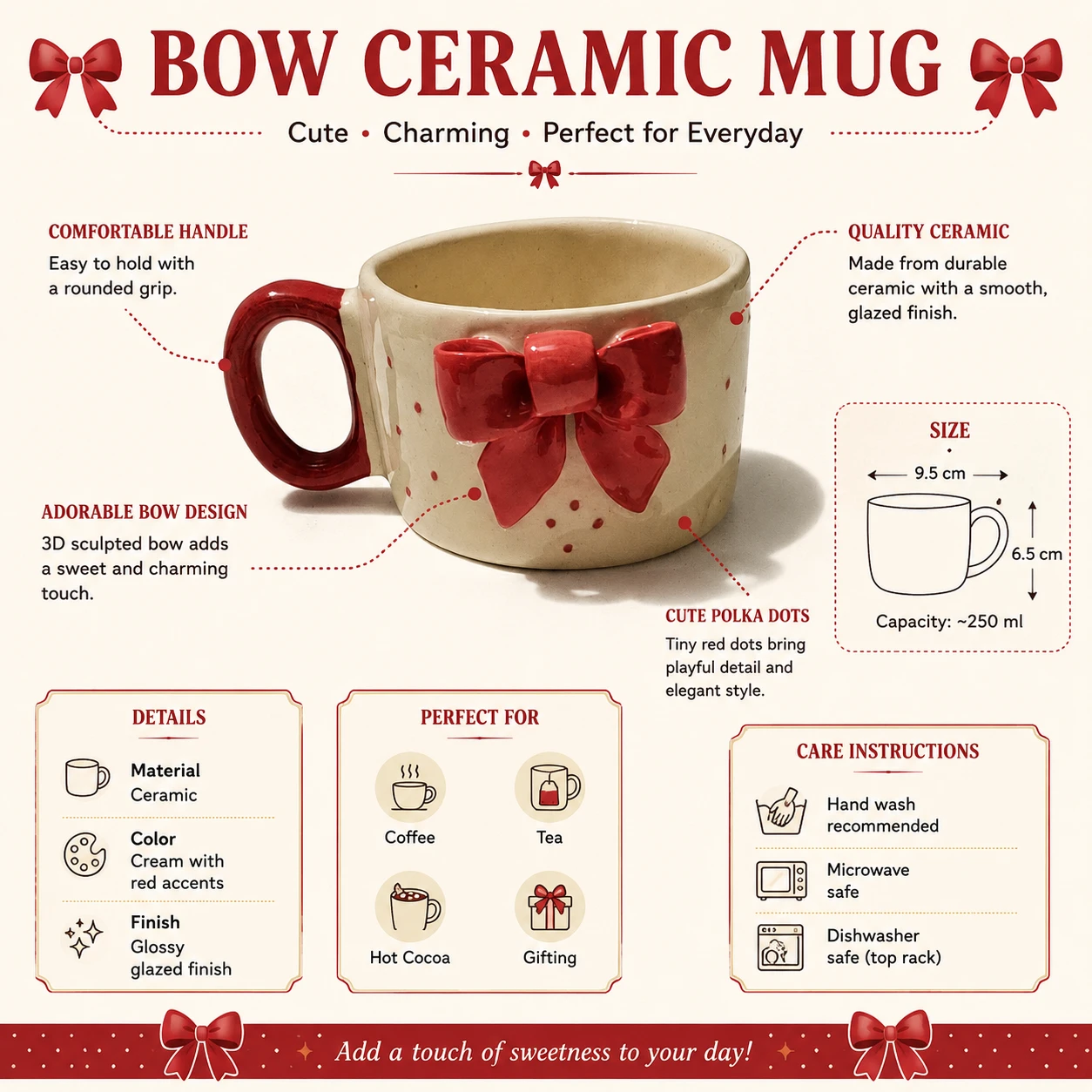 Product infographic with front view, 9.5 x 6.5 cm size, 250 ml capacity, and care instructions