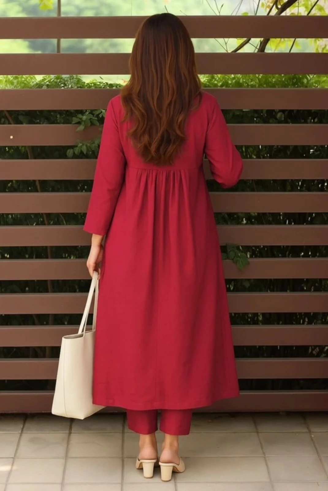Back view of the maroon kurta set showing gathered waistline, long hem and matching straight pants