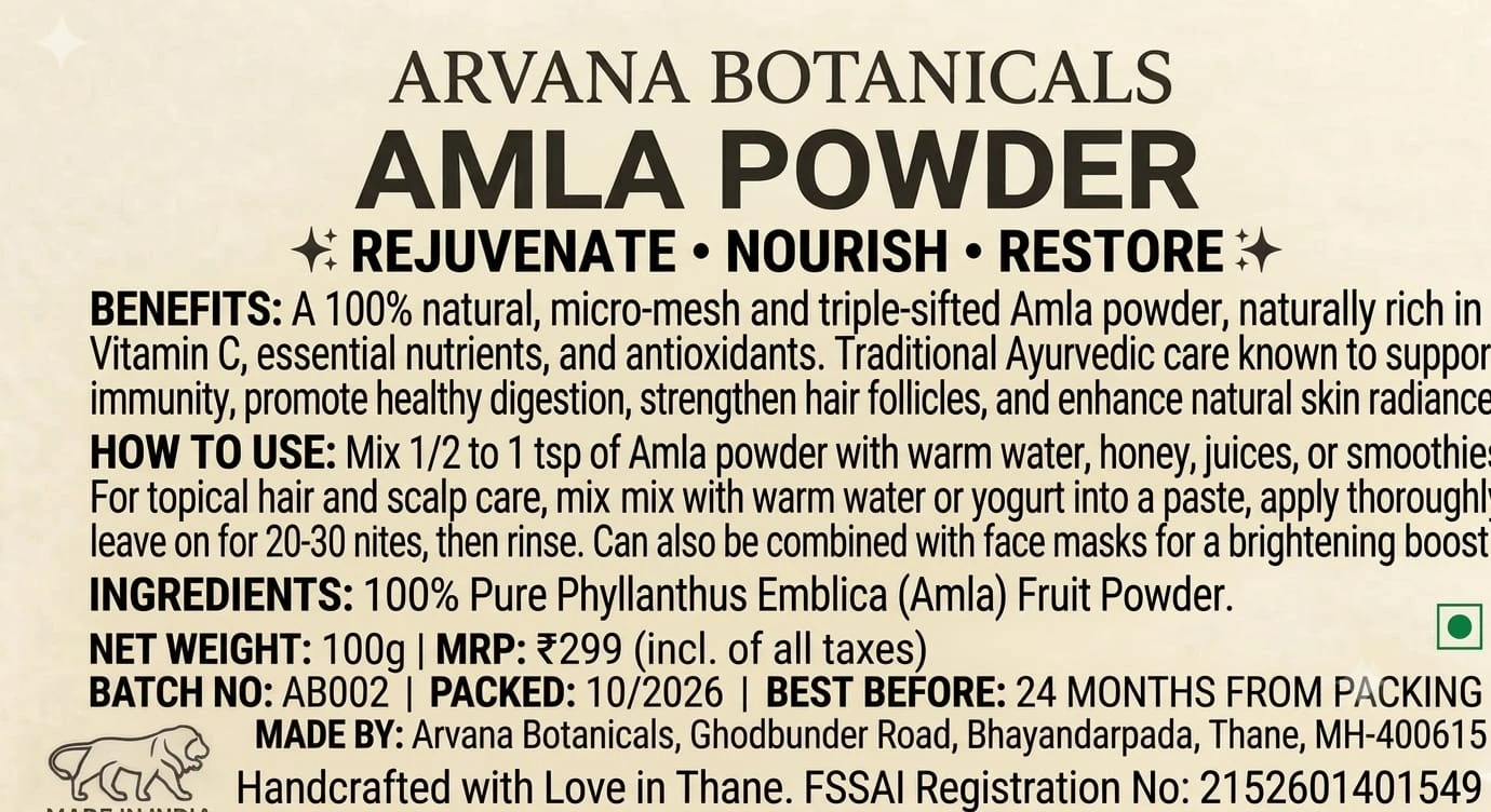 Close-up of back label with benefits, usage directions, ingredients, price, and packing details