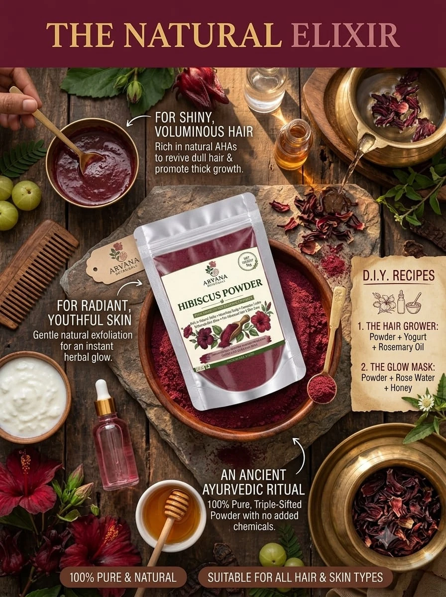 Lifestyle flat lay with hibiscus powder pouch, bowls, dried petals and DIY hair and skin recipe text