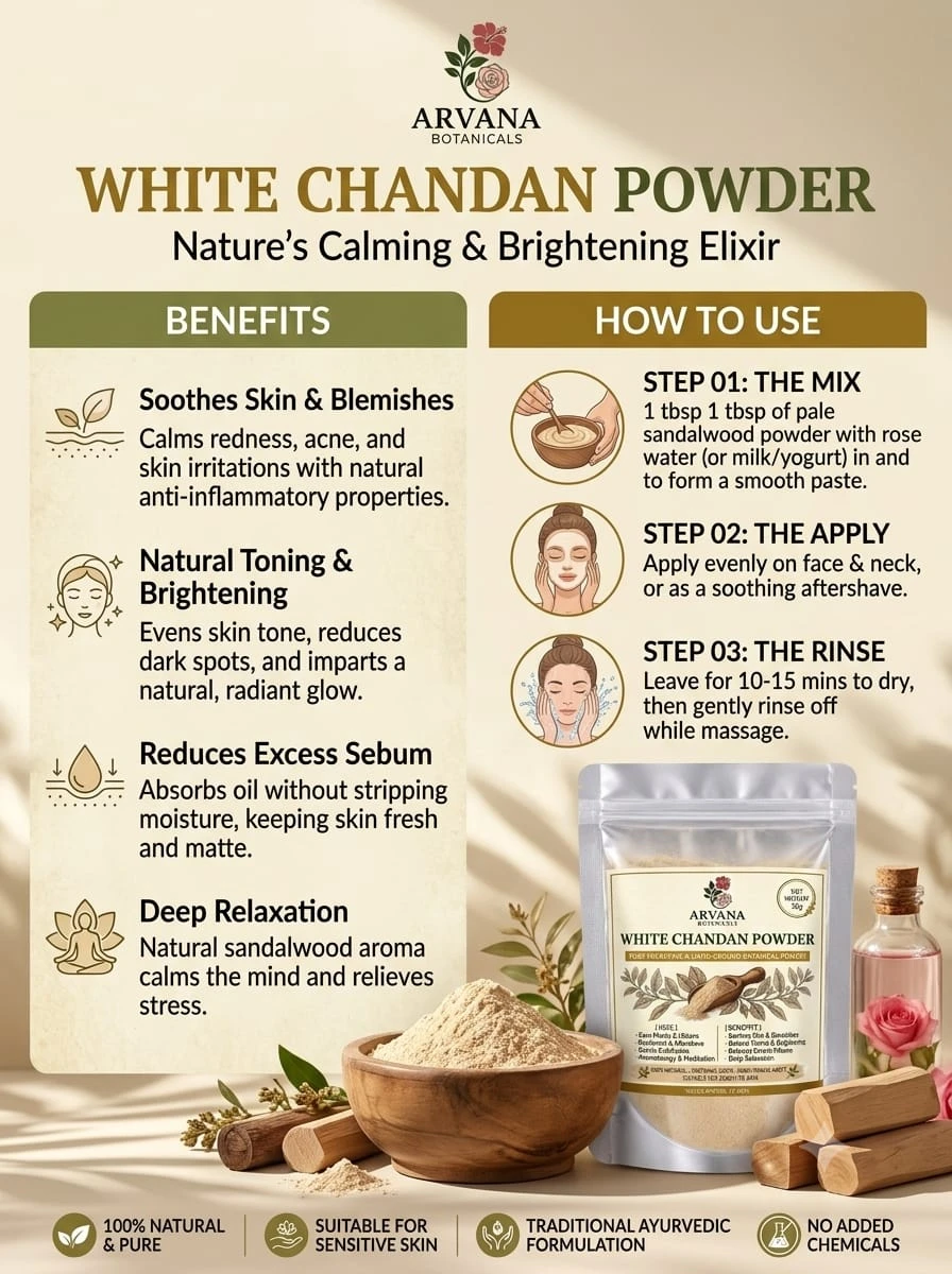 Benefit and usage infographic for white chandan powder with pouch, wooden bowl and sandalwood pieces