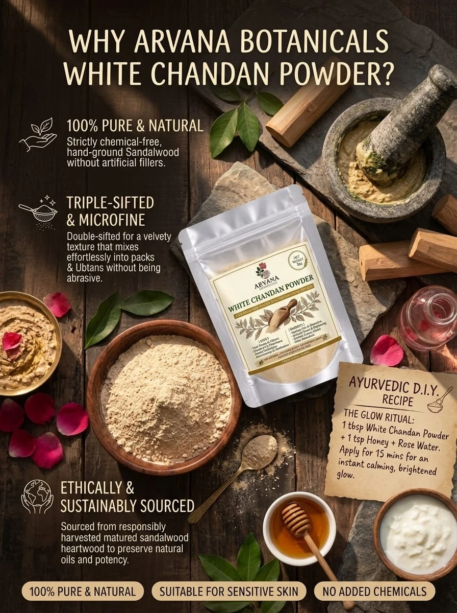 Lifestyle flat lay showing white chandan powder pouch with DIY recipe, honey, yogurt and mortar pestle