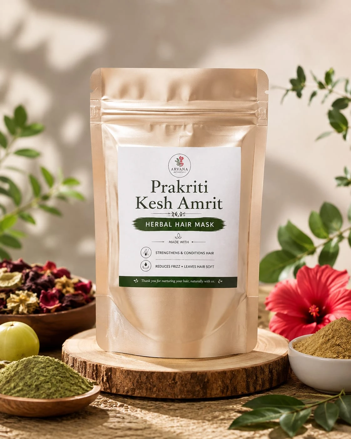 Front view of Arvana Botanicals Prakriti Kesh Amrit herbal hair mask in a gold stand-up pouch