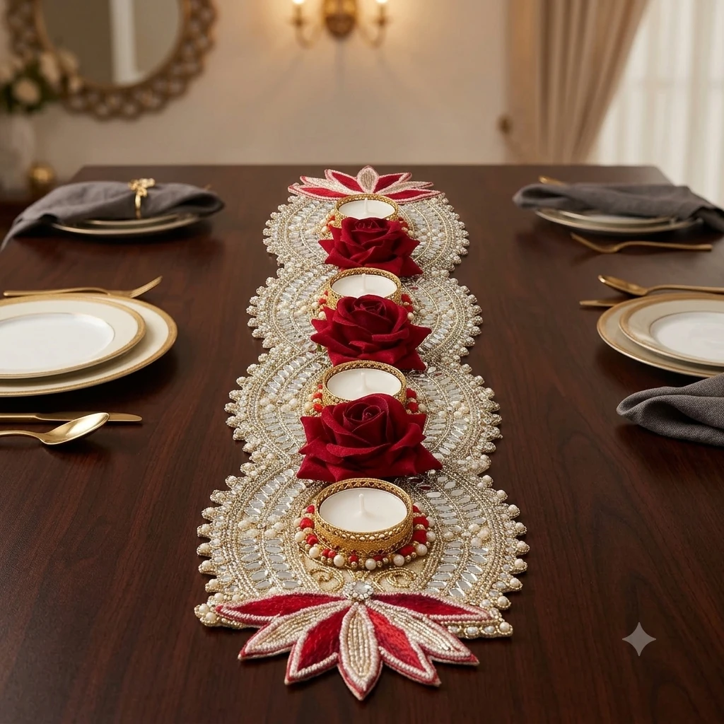 Table centerpiece styling view showing the ornate runner placed along a dining table with place settings