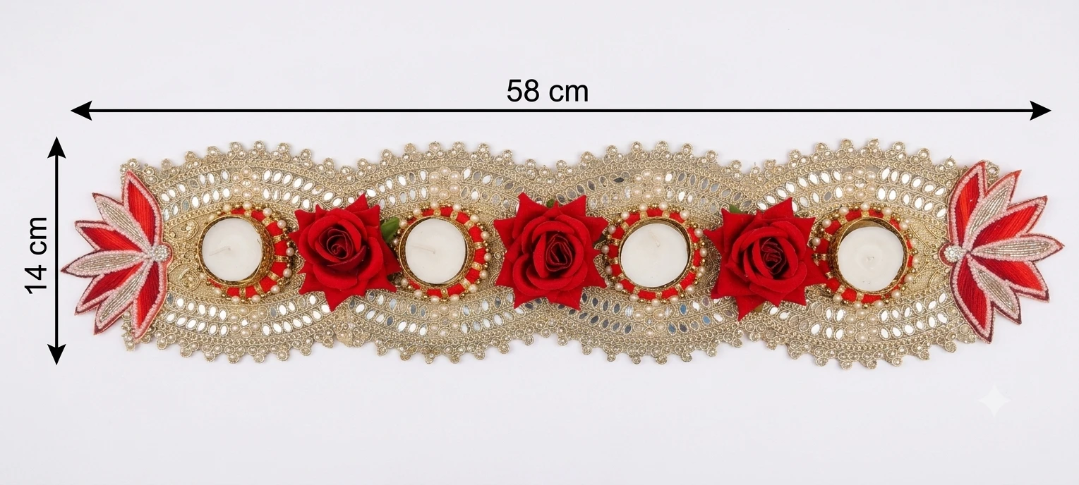 Flat lay of the decorative runner with size markings showing 58 cm length and 14 cm width