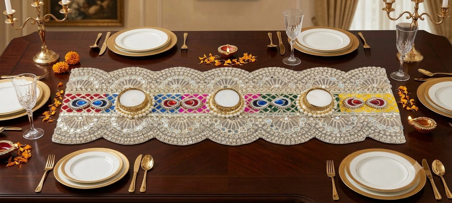 Decorative tealight runner displayed across a dining table with place settings and lit diyas