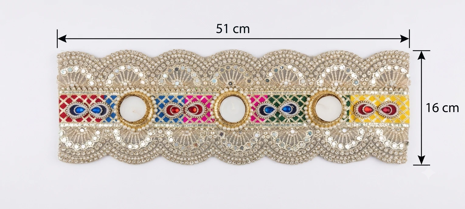 Top view of the embellished 3-candle holder runner with size markings of 51 cm by 16 cm