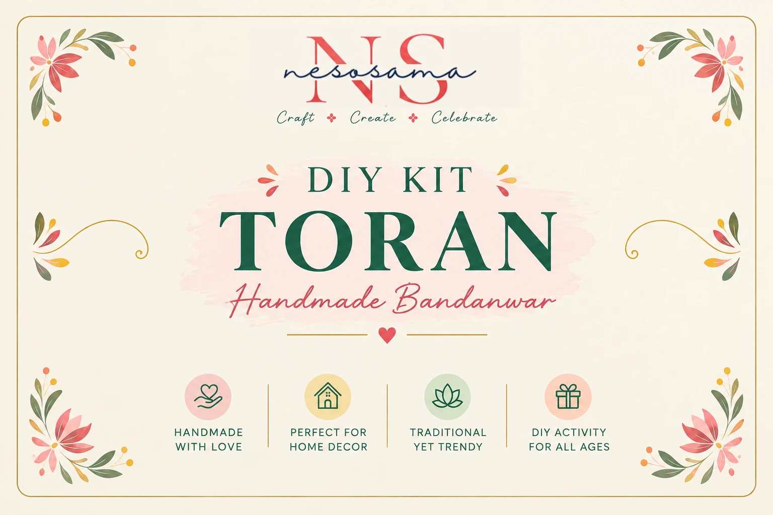 Nesosama DIY Kit Toran Handmade Bandanwar info card with floral border and home decor highlights
