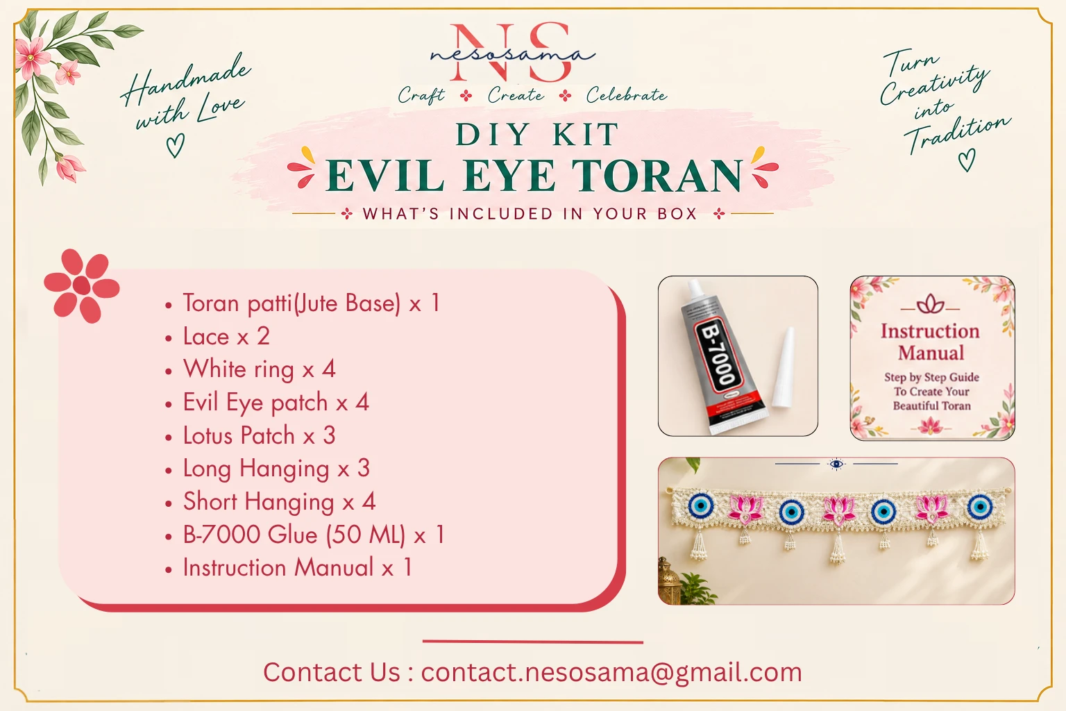 Evil Eye Toran DIY kit contents list showing glue, instruction manual and finished toran preview