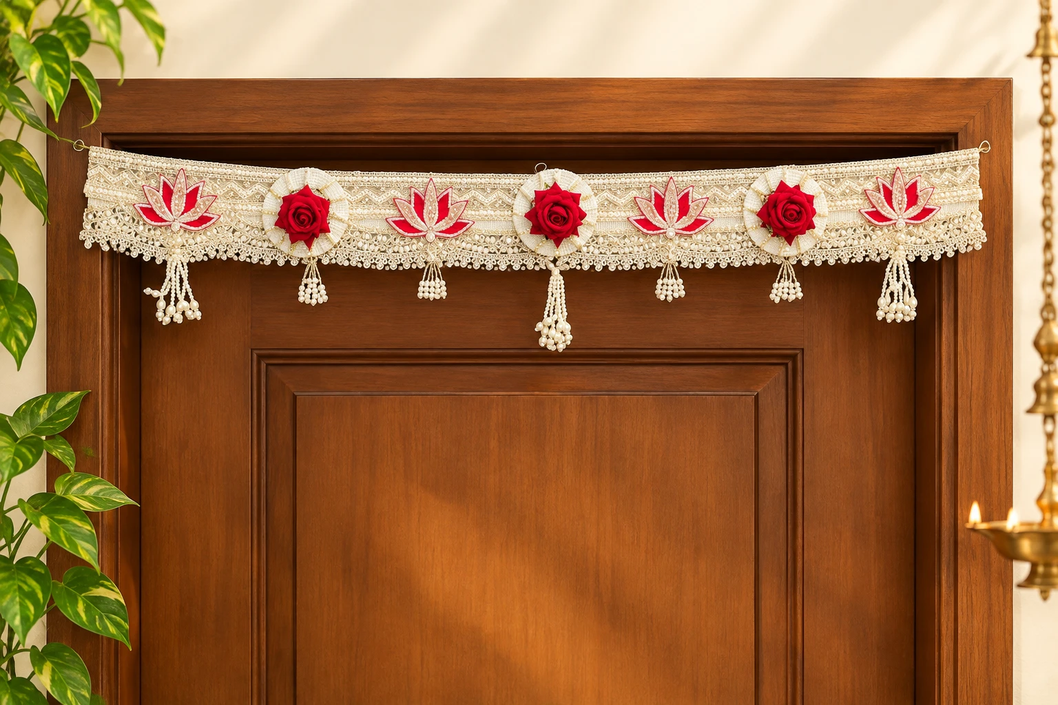 Cream lace toran with red roses, lotus motifs and pearl tassels hung across a wooden door frame