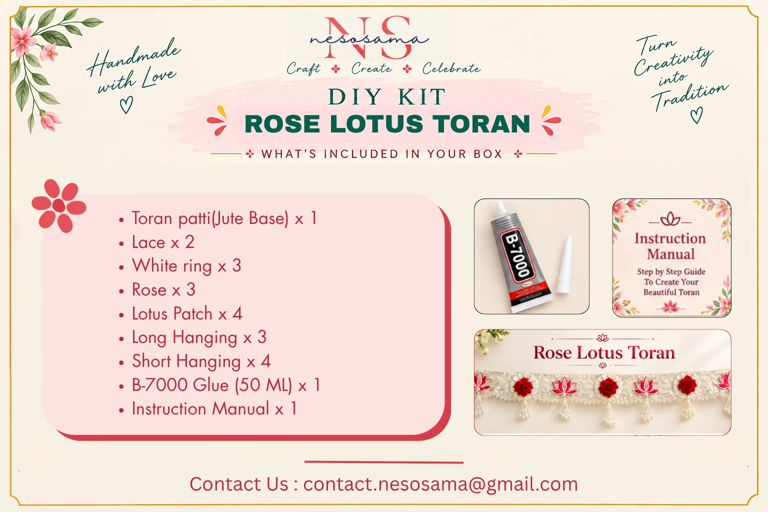 Rose Lotus Toran kit contents list showing glue tube, instruction manual and finished toran preview