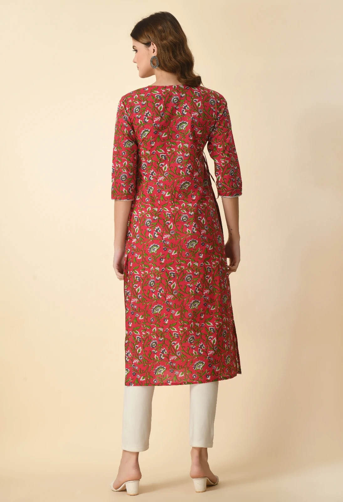 Back view of the red floral kurta with allover print, three-quarter sleeves and straight silhouette