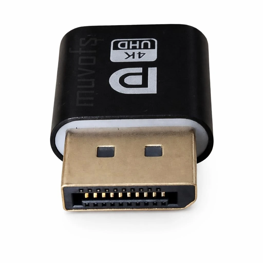 Front close-up of the gold DisplayPort connector on the black 4K UHD dummy plug