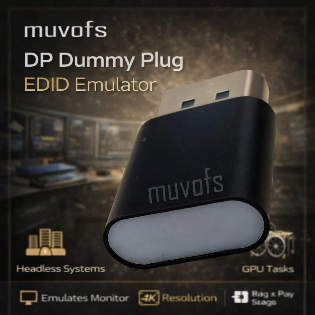 Angled promo view of the Muvofs DP dummy plug with headless system and GPU task callouts