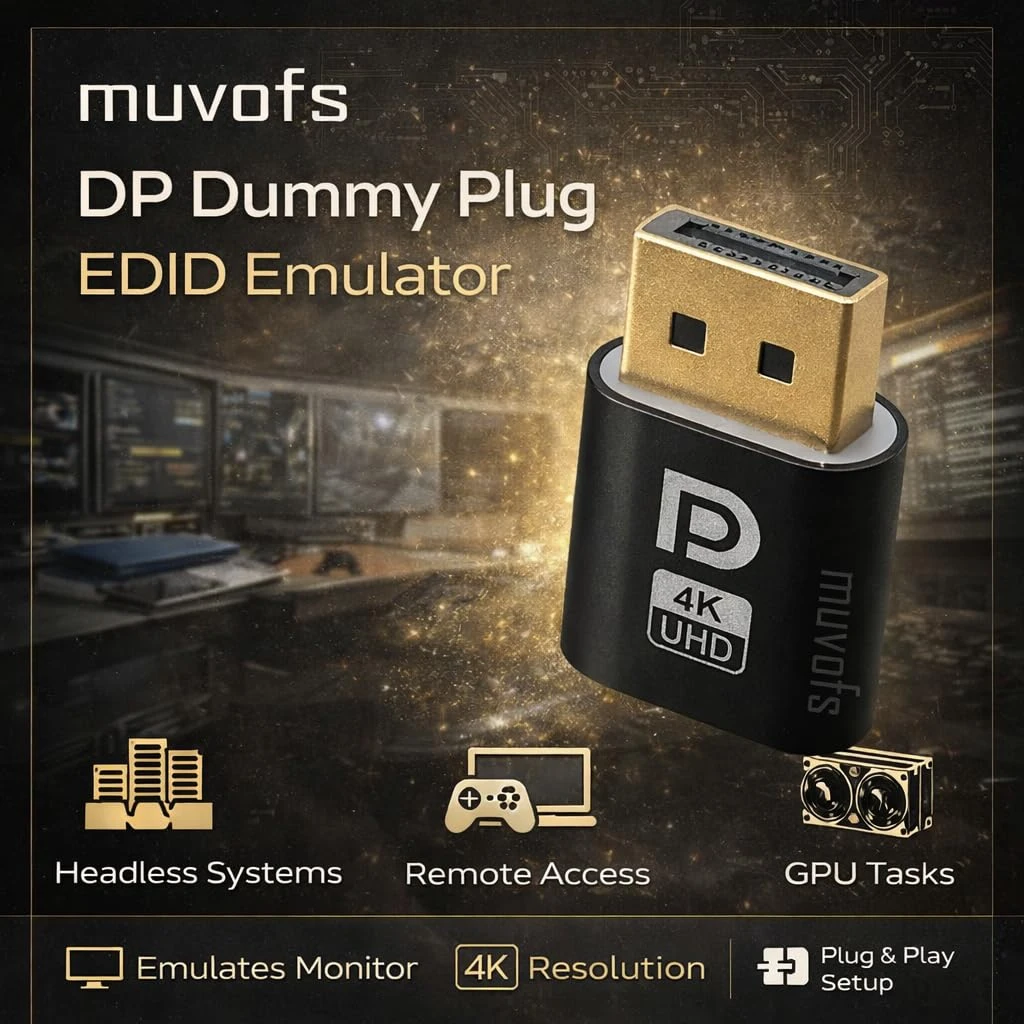 Product infographic showing DP dummy plug EDID emulator features and 4K resolution support