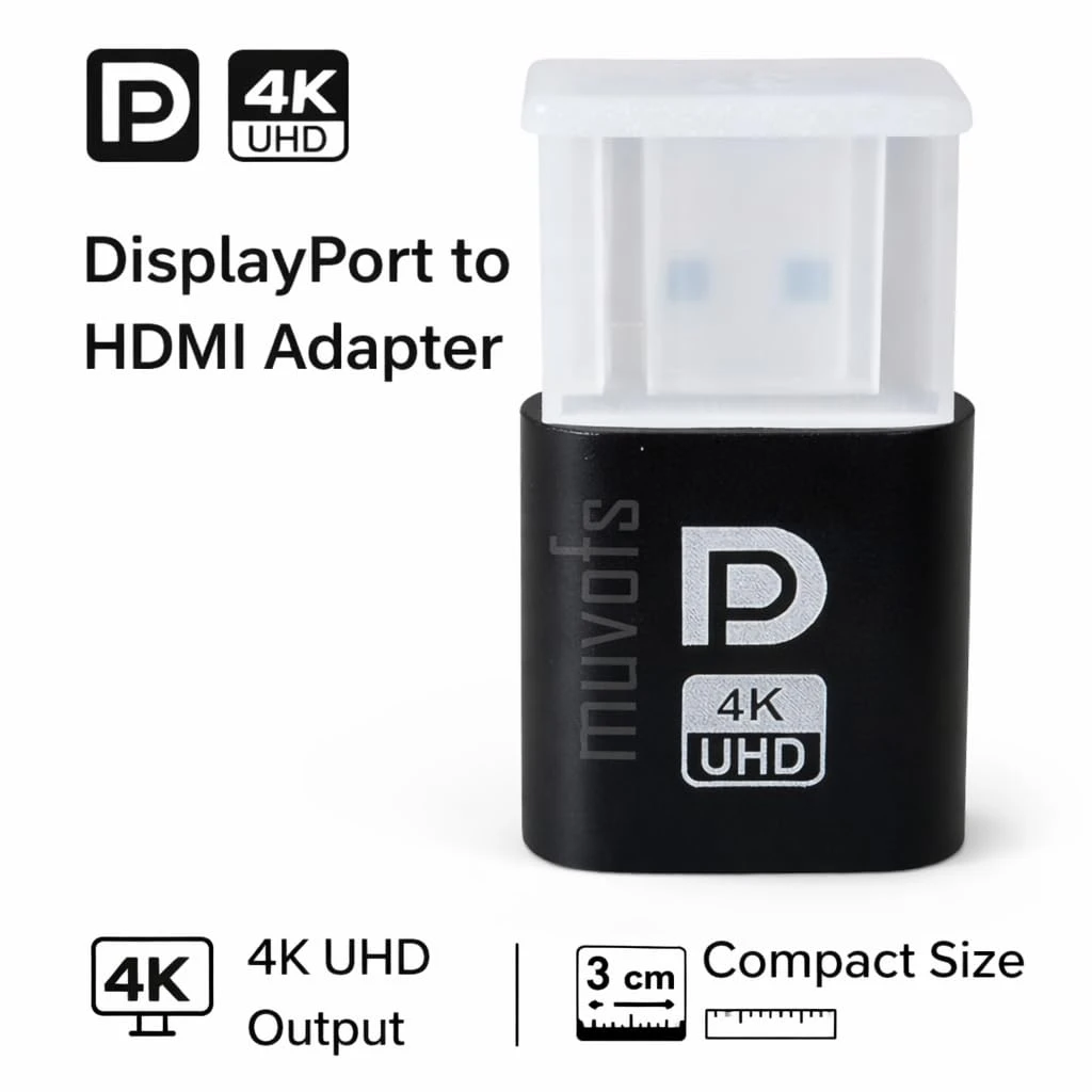 Muvofs adapter upright with white protective cap and text noting 4K UHD output and 3 cm compact size