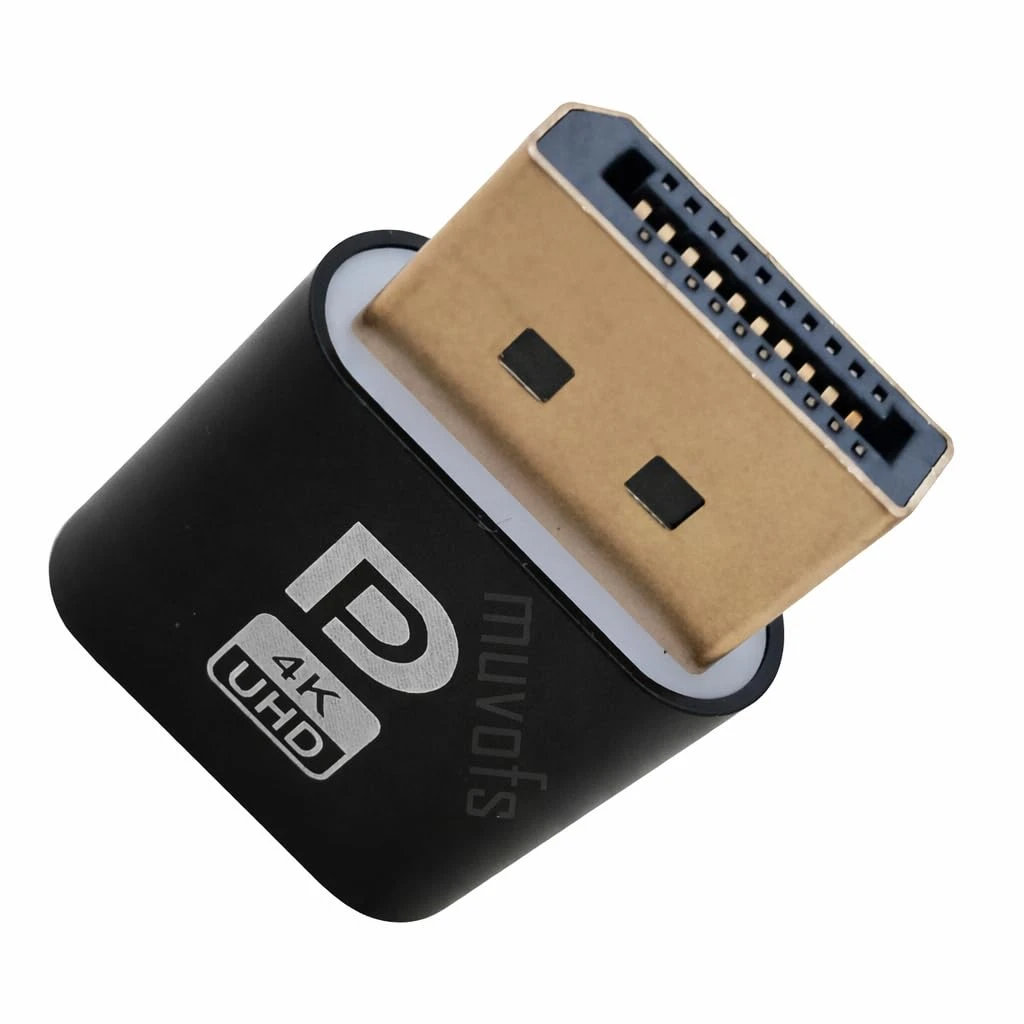 Tilted close-up highlighting the DisplayPort pins and black housing with 4K UHD mark