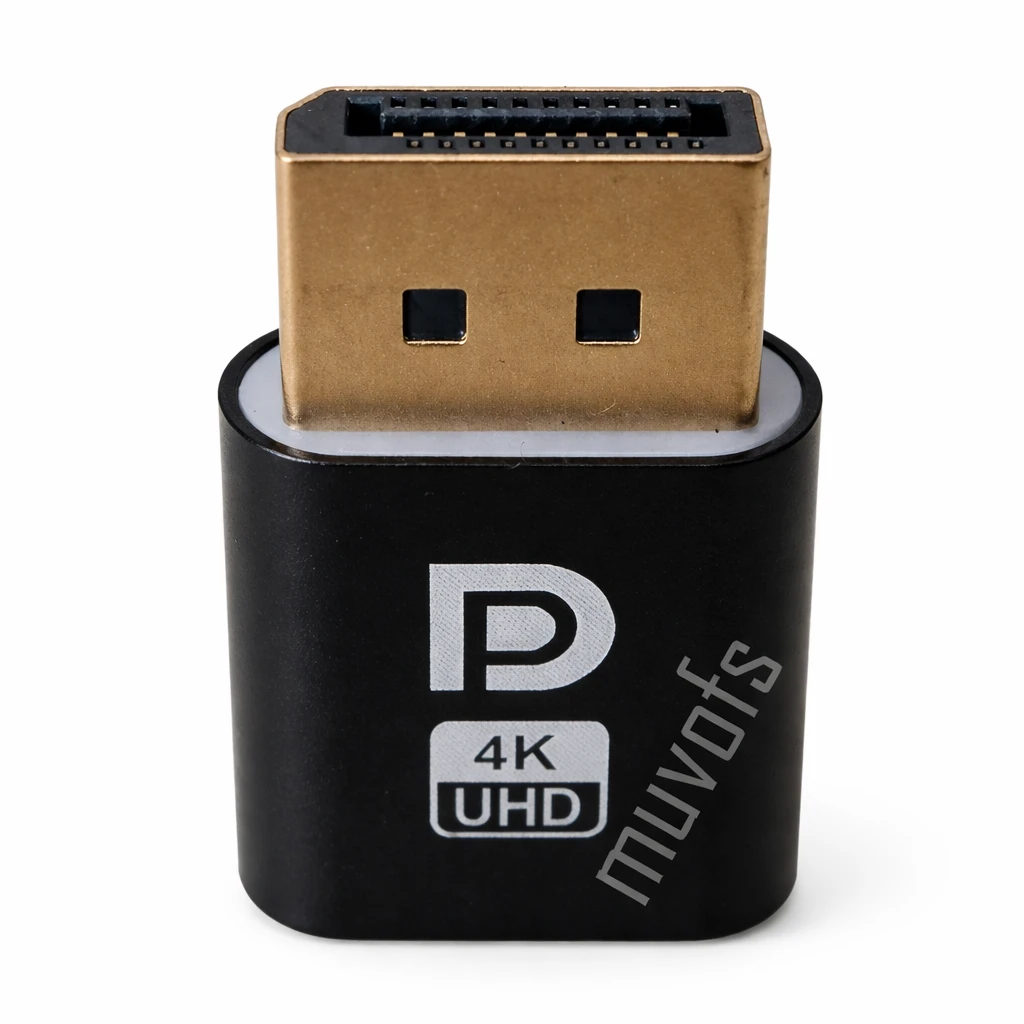 Straight-on view of the Muvofs 4K UHD dummy plug with DisplayPort connector and branding