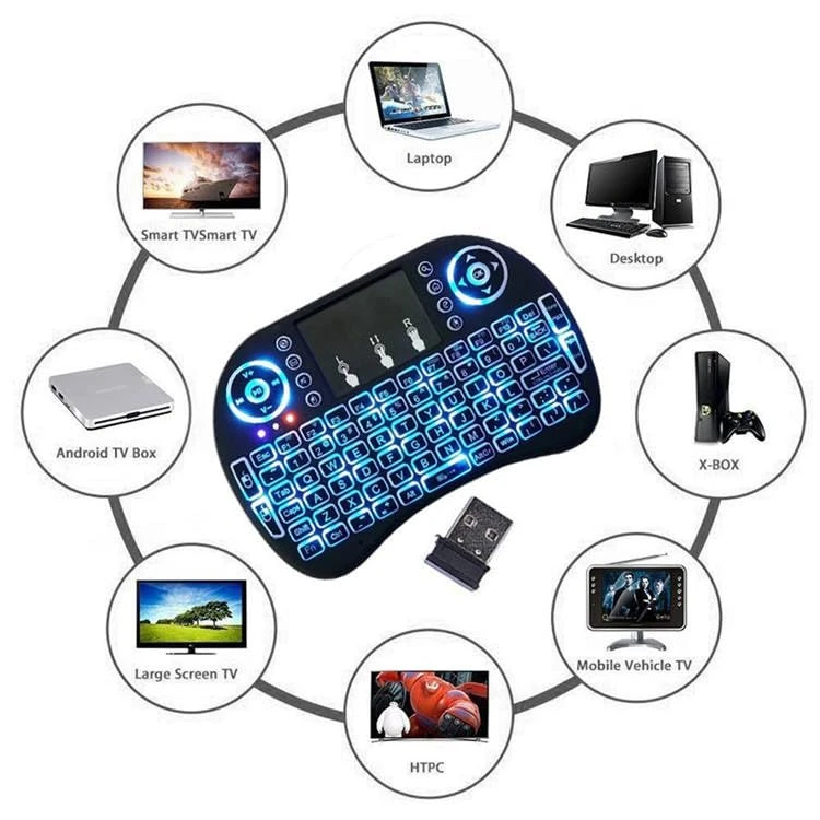 Front view with blue backlit keys, touchpad and icons showing compatibility with laptop, desktop and TV devices
