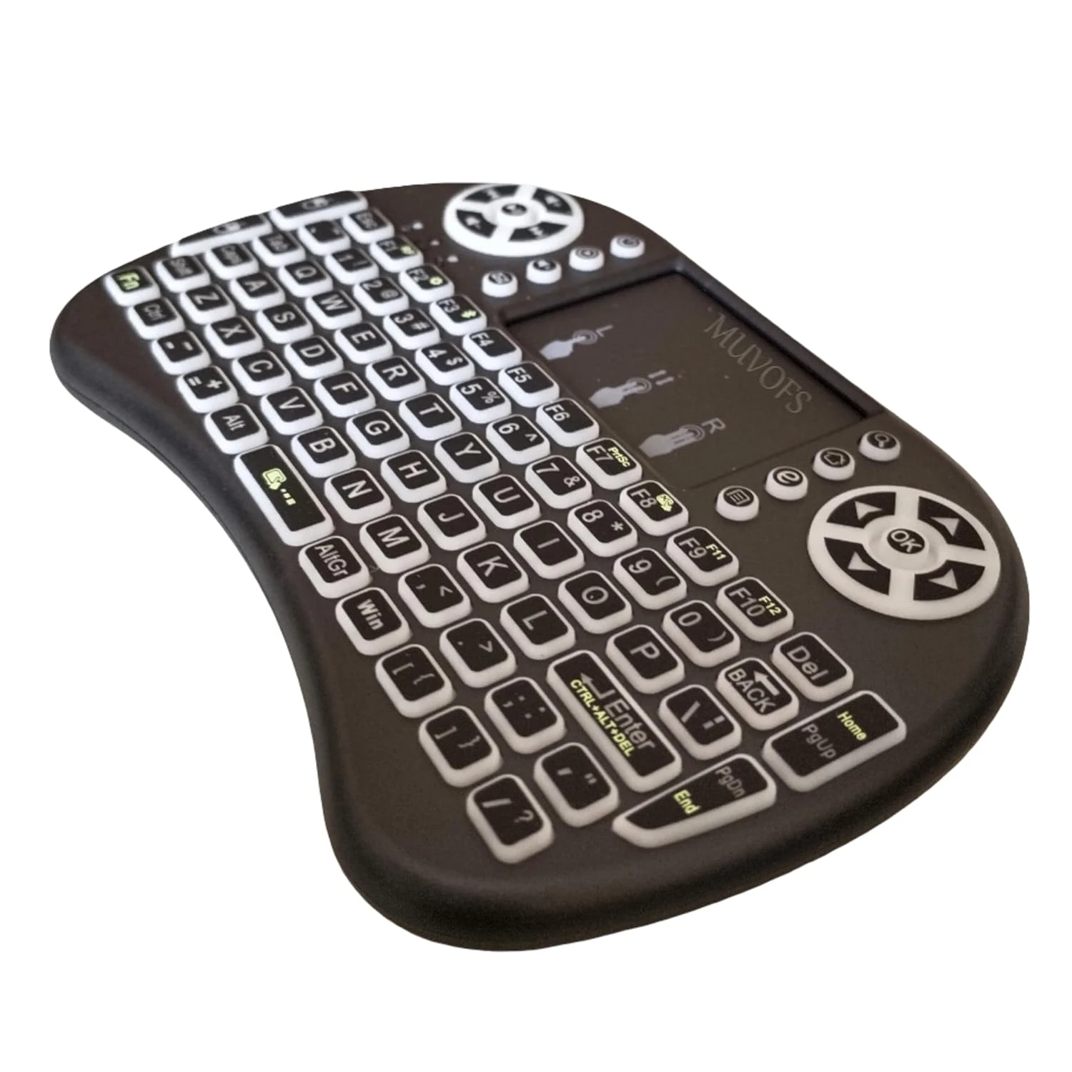 Close angled view of the keyboard front showing white-outlined keys, touchpad and right-side navigation pad