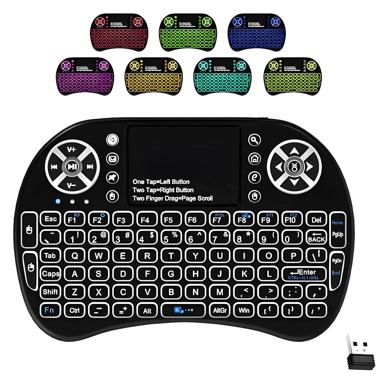 Front product graphic showing black keyboard, touchpad gestures, USB receiver and multiple backlight color options
