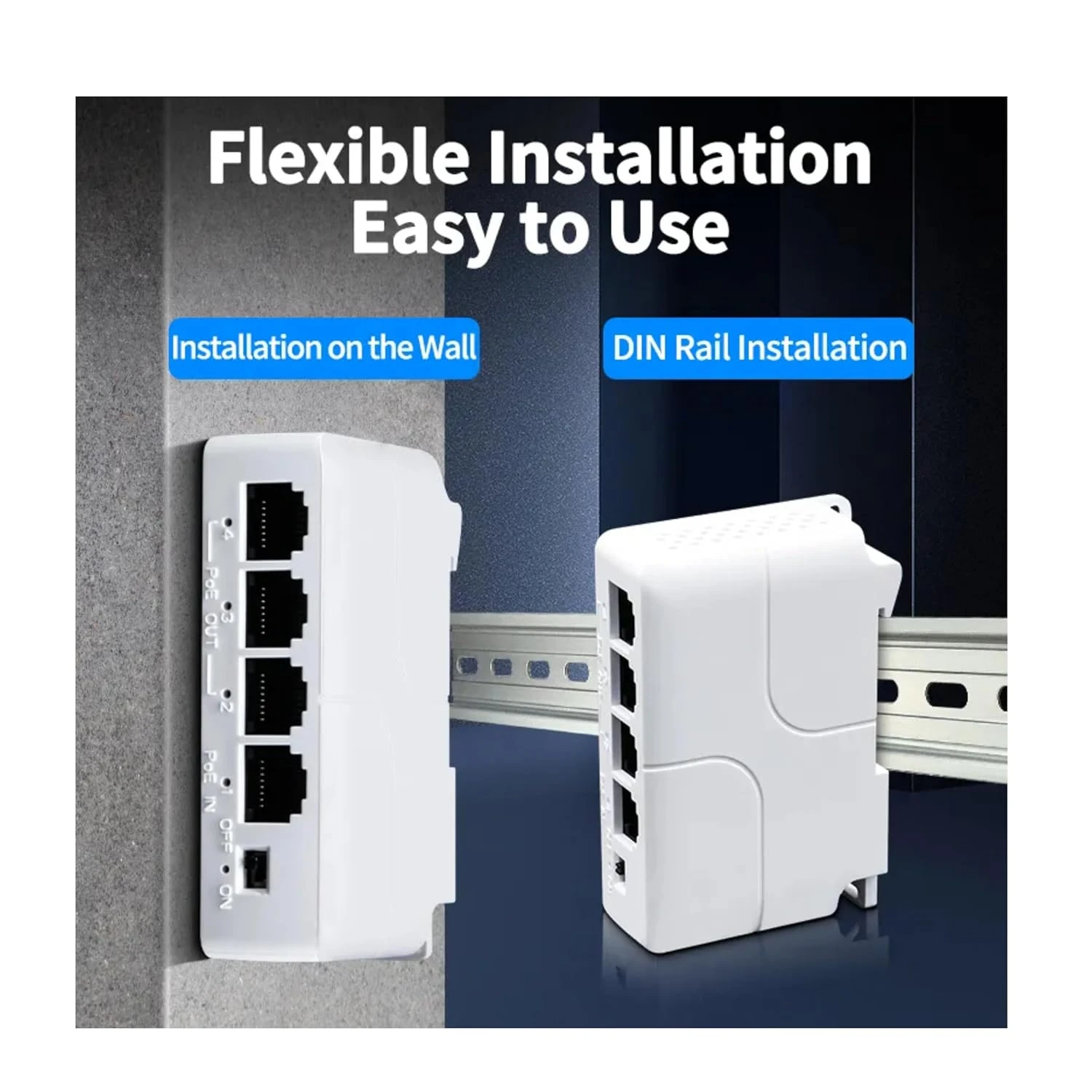 Wall-mount and DIN rail installation graphic showing side view ports and mounting options