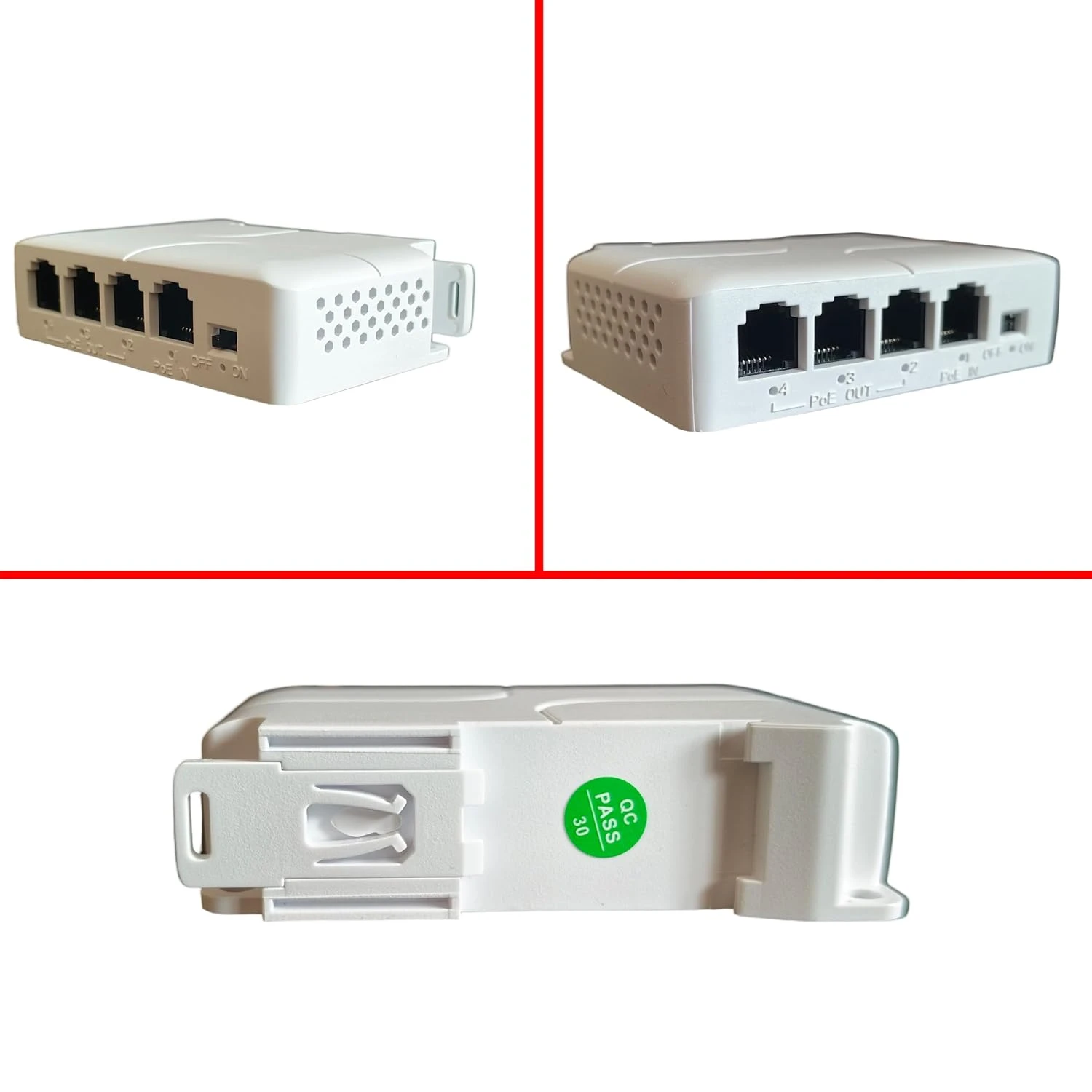 Three-angle collage showing vented side, front ports, and underside DIN clip with green QC PASS sticker