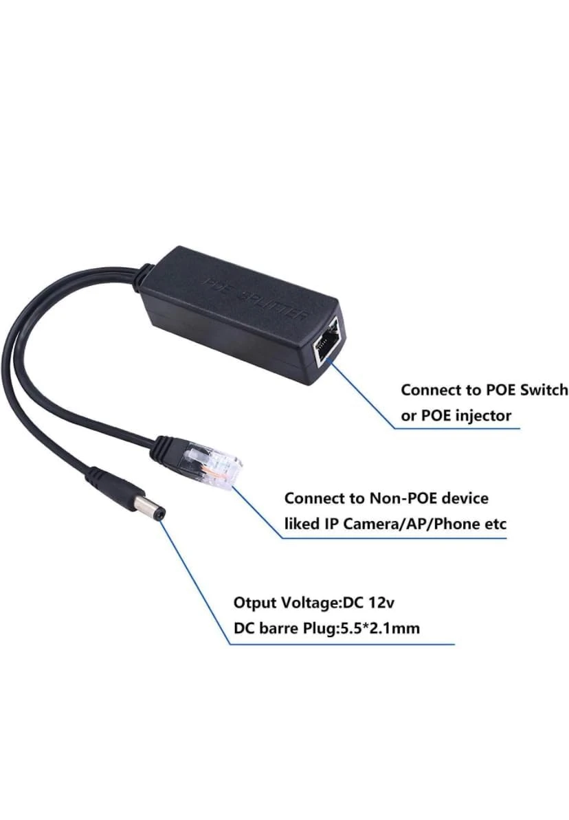 PoE splitter diagram showing Ethernet input, RJ45 output and 12V DC 5.5 x 2.1 mm barrel plug labels