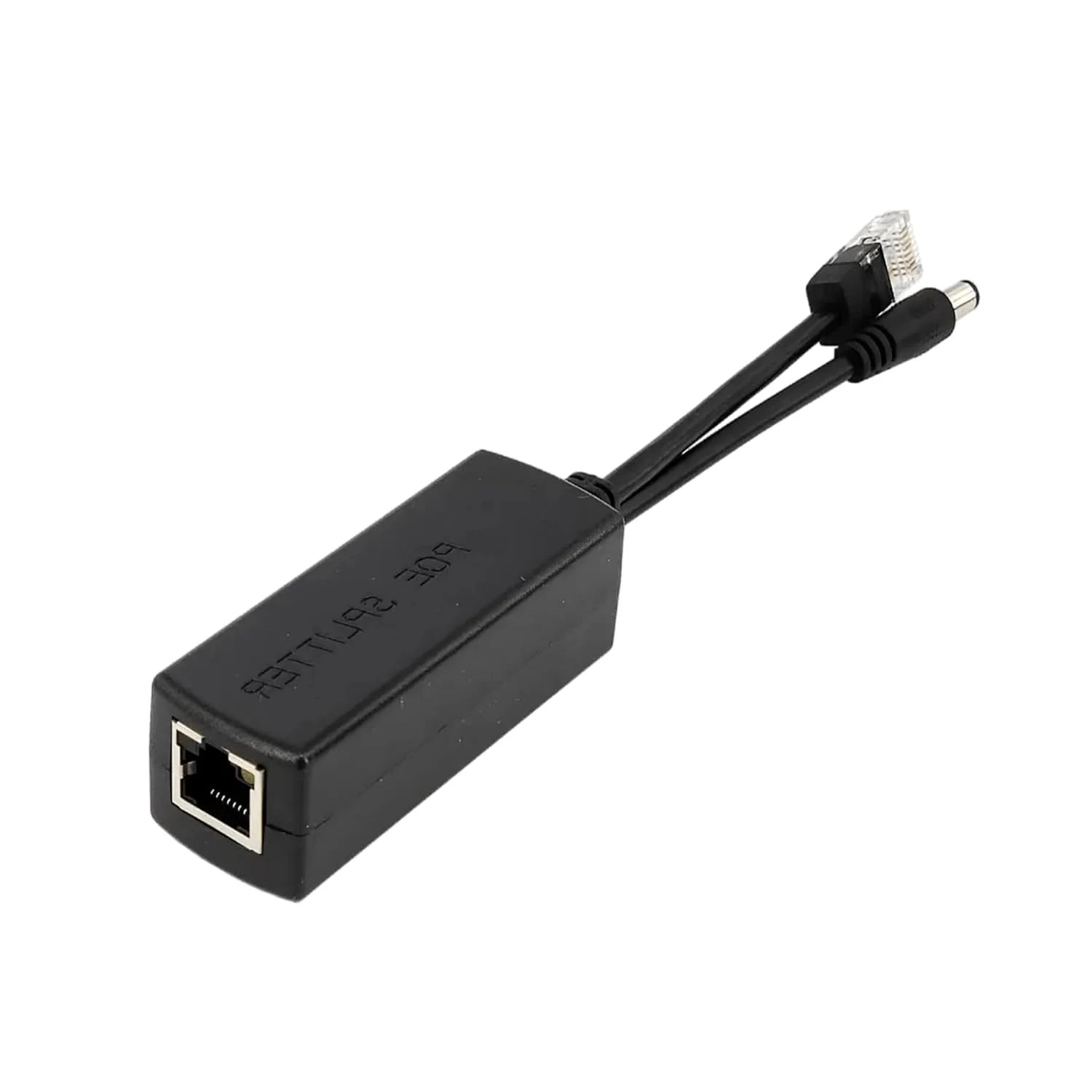 Angled view of the splitter body with front Ethernet socket and attached RJ45 and DC leads
