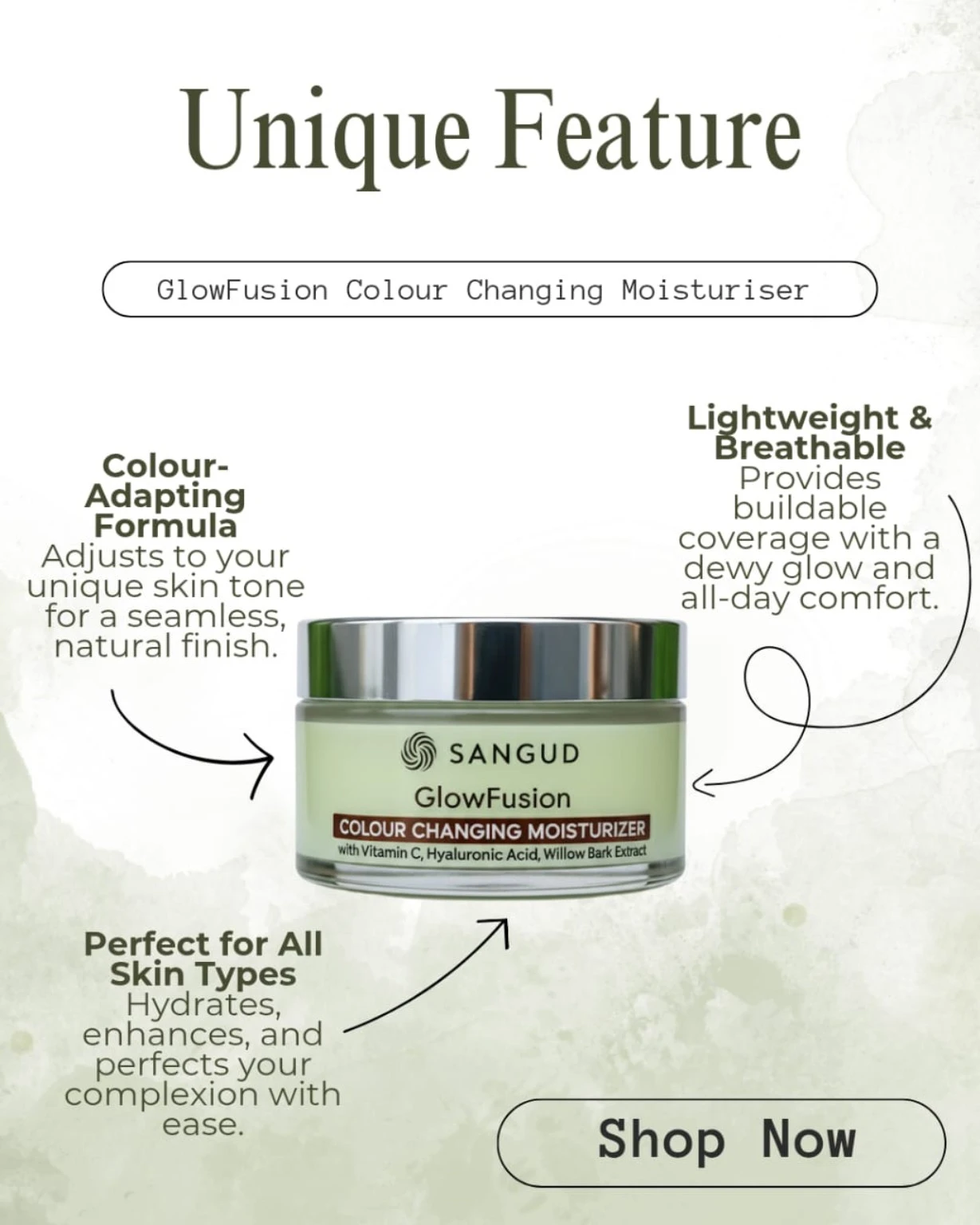 SANGUD GlowFusion moisturizer jar with callouts for colour-adapting formula and lightweight coverage