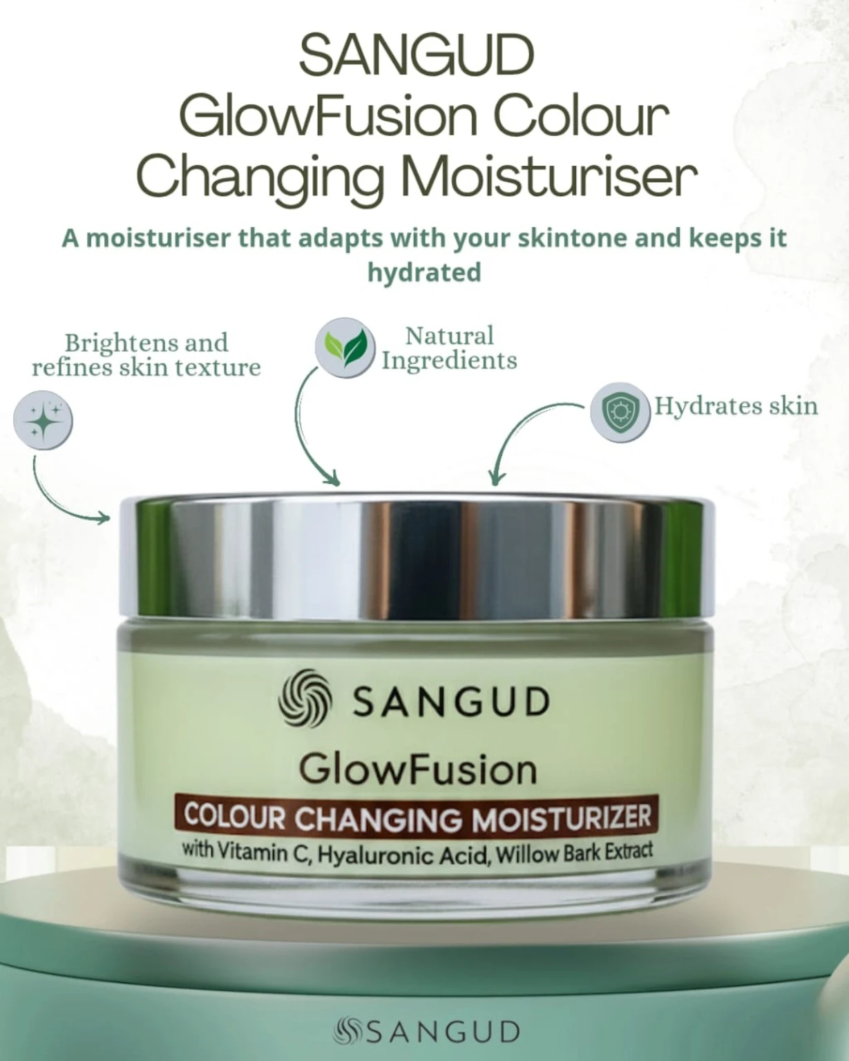 Front jar close-up on pedestal with text highlighting hydration, natural ingredients and brighter skin