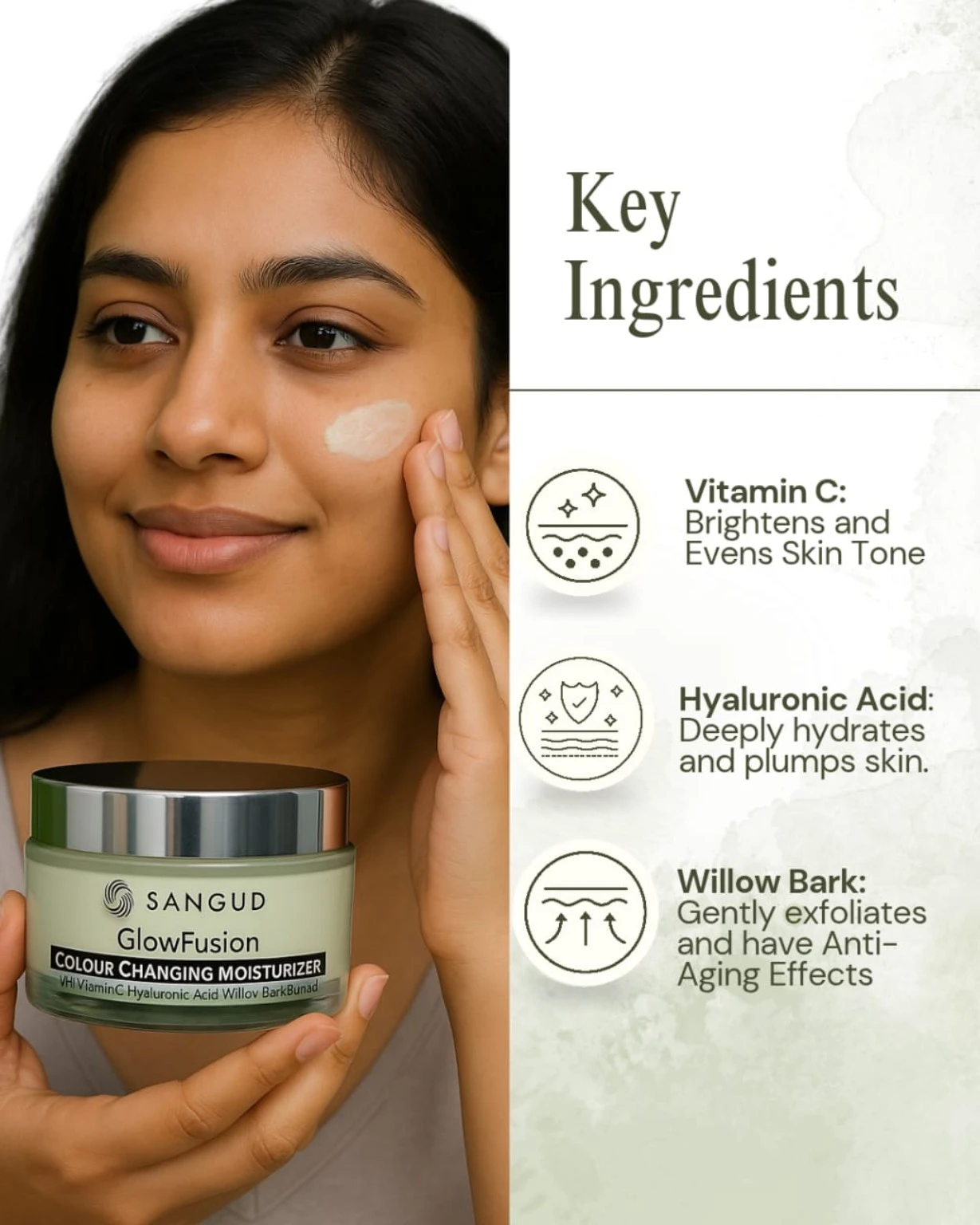 Model applying cream on cheek while holding the jar beside key ingredient benefits text