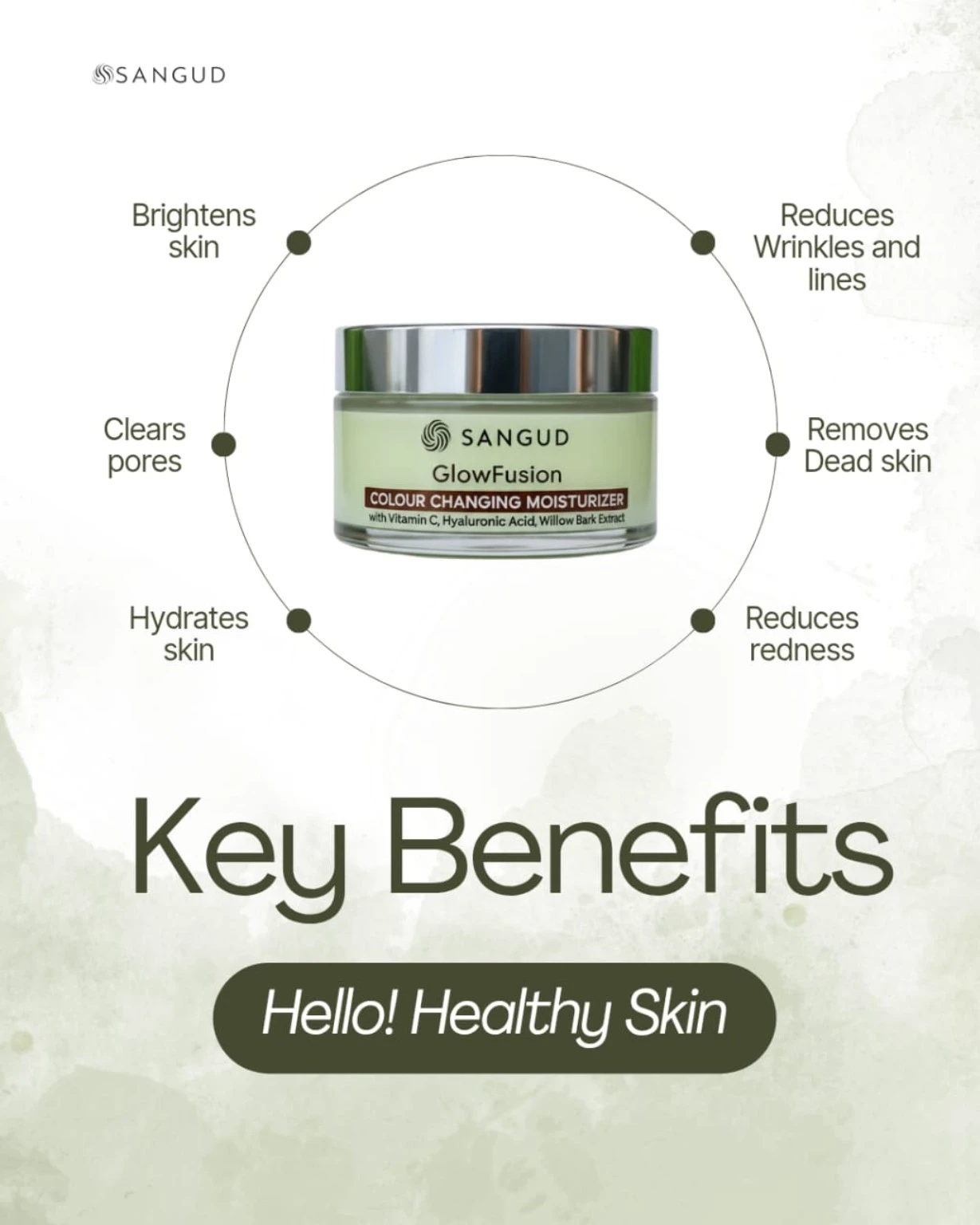 Product jar centered in a benefits infographic listing brightening, hydration and pore-clearing claims