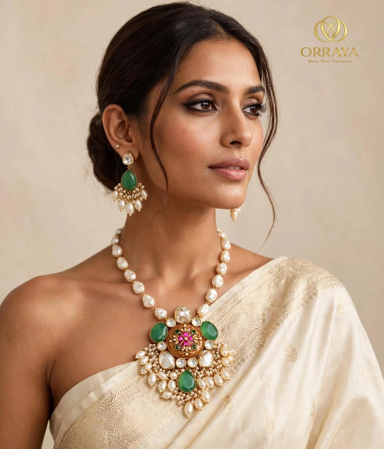 Model wearing the necklace set with matching earrings and a cream saree, side portrait view