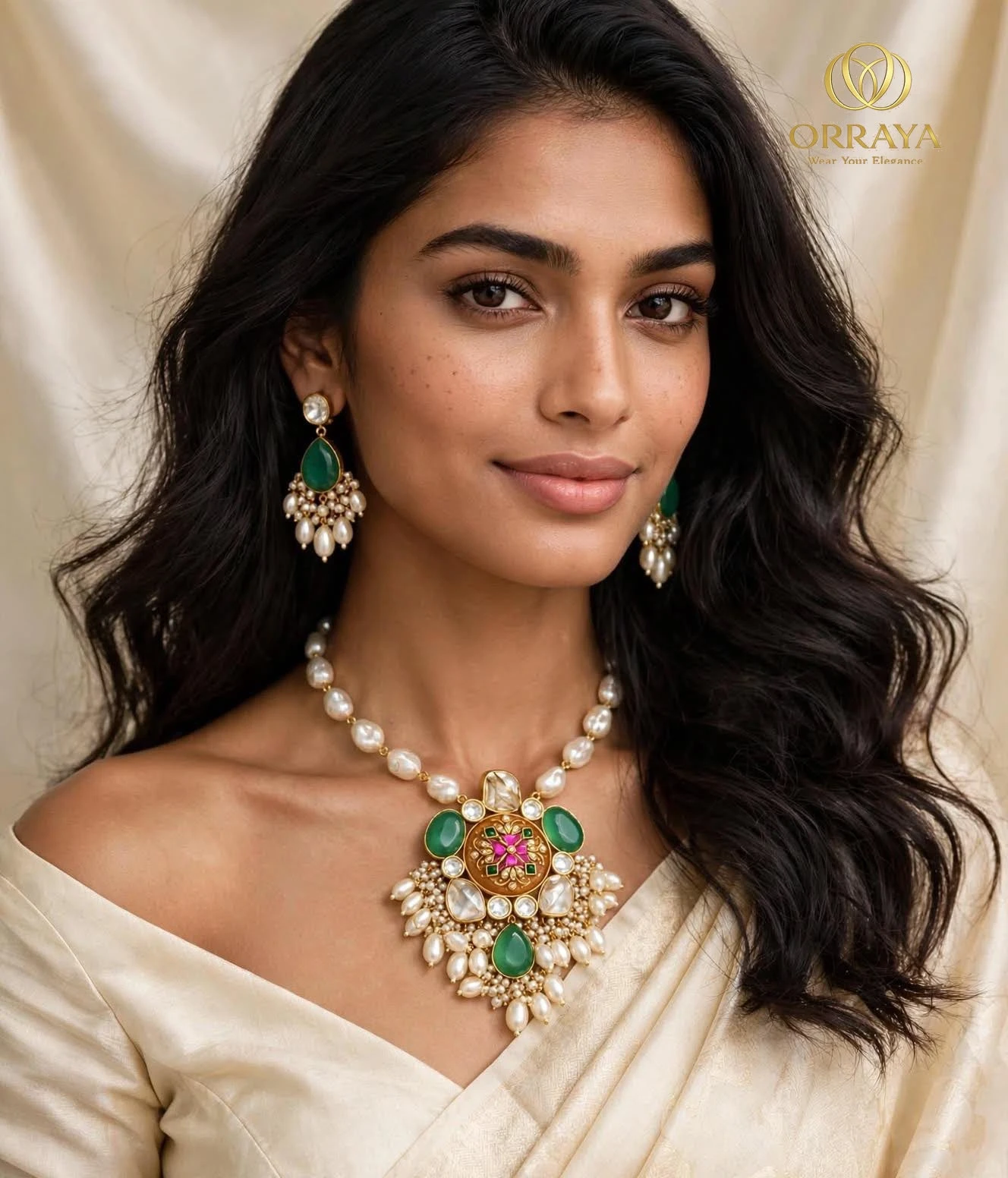 Front portrait showing the statement pendant necklace and both matching green stone earrings worn