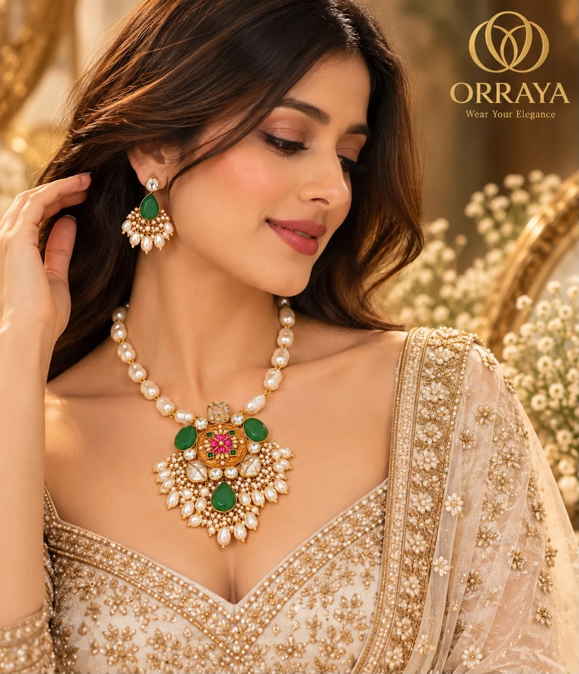 Close styling shot of the necklace set with embroidered outfit, highlighting one matching earring
