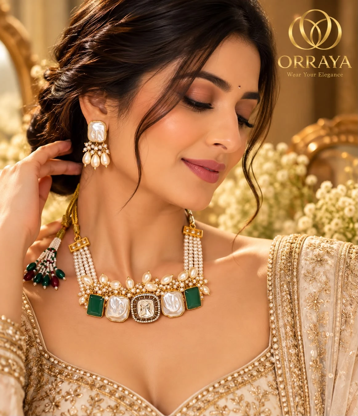 Model wearing the necklace with adjustable thread tie and one matching pearl drop earring in warm lighting