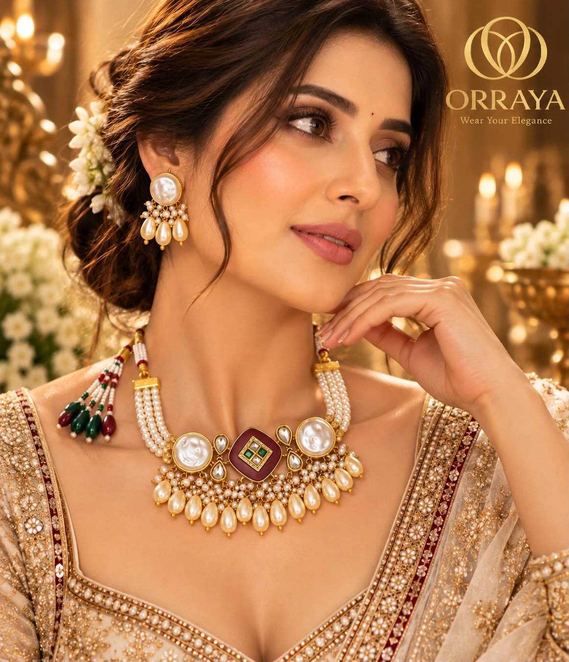 Model wearing the necklace set with close view of one matching pearl drop earring